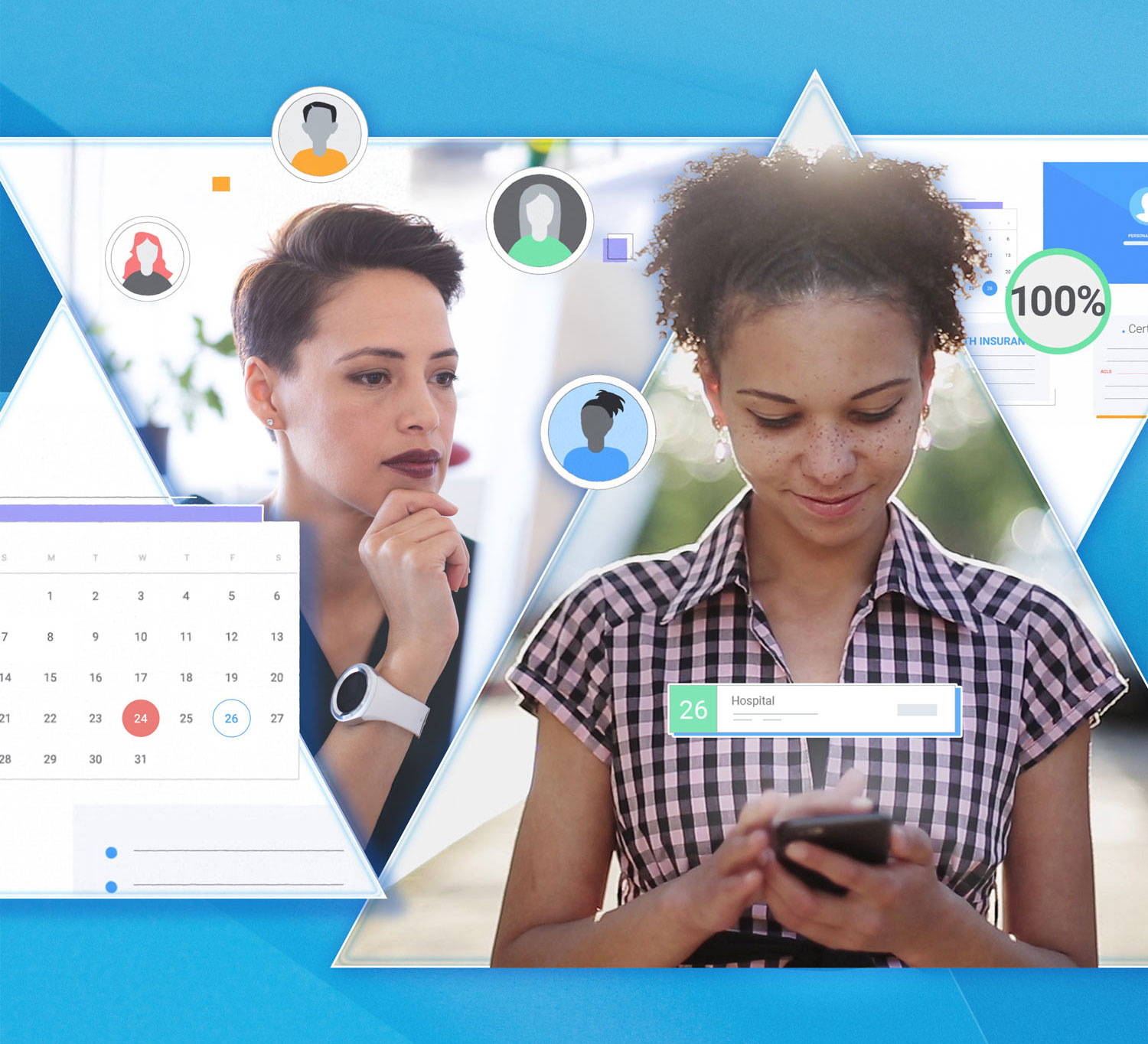 Staffbook healthcare staffing platform in use Two healthcare professionals using a mobile staffing platform to manage schedules and shifts